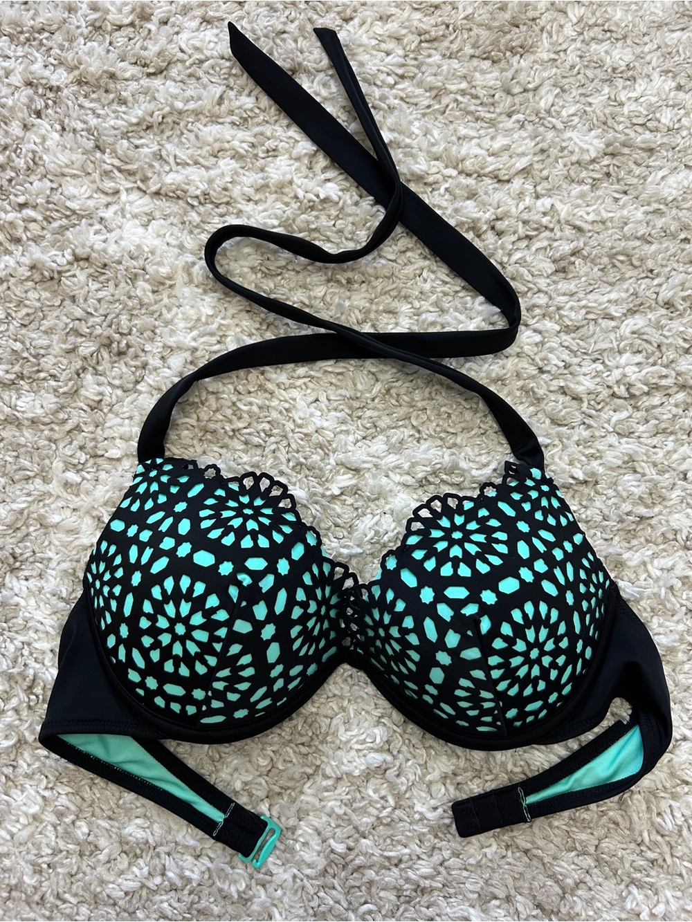 Shade & Shore Black and Aqua Laser-Cut Halter Bikini Top